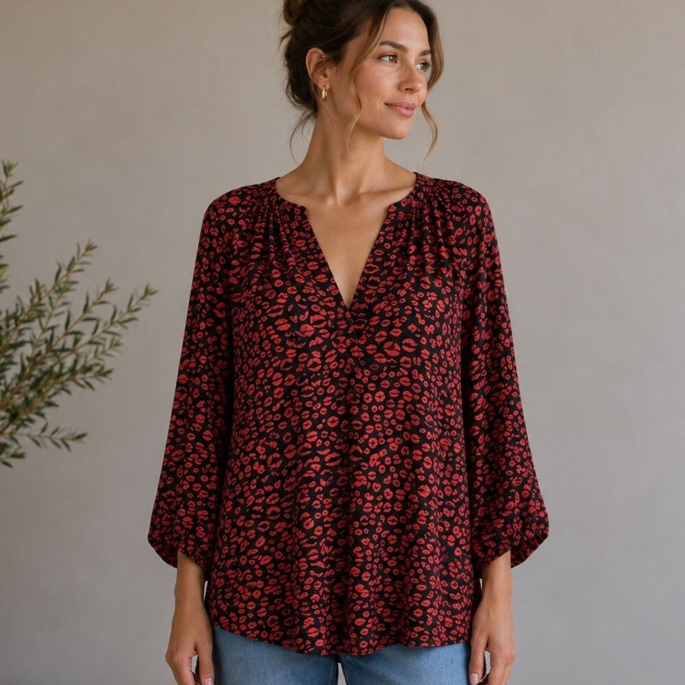 Joie Black Lip Print Silk Long Sleeve Blouse XS